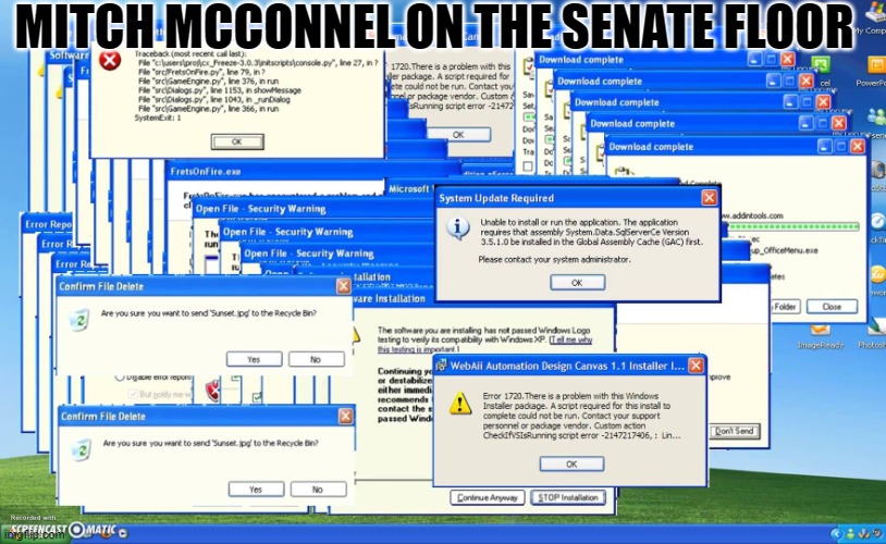 McConnell Crash | MITCH MCCONNEL ON THE SENATE FLOOR | image tagged in windows crash,politics,stroke,mitch mcconnell,government corruption | made w/ Imgflip meme maker