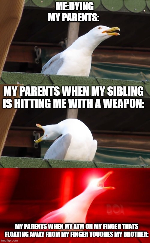 my parents: | ME:DYING
MY PARENTS:; MY PARENTS WHEN MY SIBLING IS HITTING ME WITH A WEAPON:; MY PARENTS WHEN MY ATM ON MY FINGER THATS FLOATING AWAY FROM MY FINGER TOUCHES MY BROTHER: | image tagged in inhaling seagull | made w/ Imgflip meme maker