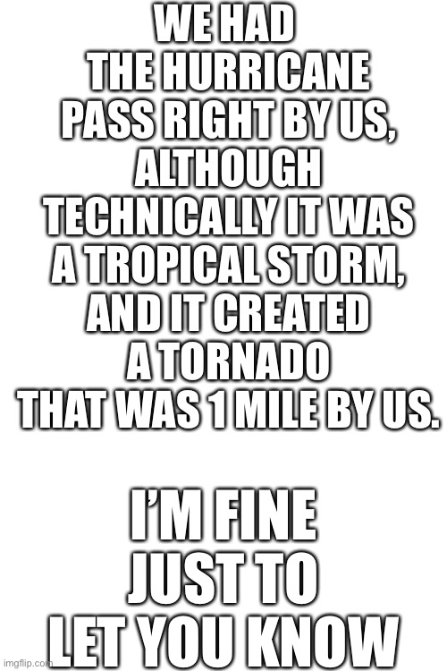 Have a good one | WE HAD  THE HURRICANE PASS RIGHT BY US, ALTHOUGH TECHNICALLY IT WAS A TROPICAL STORM, AND IT CREATED A TORNADO THAT WAS 1 MILE BY US. I’M FINE JUST TO LET YOU KNOW | image tagged in memes,tornado | made w/ Imgflip meme maker