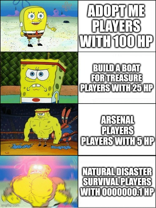 Sponge Finna Commit Muder | ADOPT ME PLAYERS WITH 100 HP; BUILD A BOAT FOR TREASURE PLAYERS WITH 25 HP; ARSENAL PLAYERS PLAYERS WITH 5 HP; NATURAL DISASTER SURVIVAL PLAYERS WITH 0000000.1 HP | image tagged in sponge finna commit muder | made w/ Imgflip meme maker