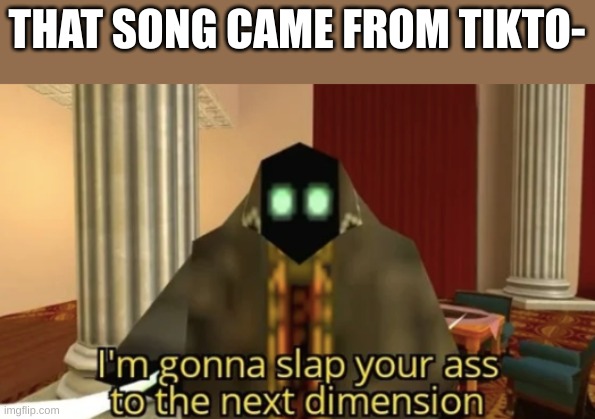 No | THAT SONG CAME FROM TIKTO- | image tagged in i'm gonna slap your ass to the next dimension | made w/ Imgflip meme maker