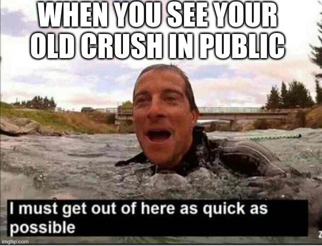 i must get out of here as quick as possible | WHEN YOU SEE YOUR OLD CRUSH IN PUBLIC | image tagged in i must get out of here as quick as possible | made w/ Imgflip meme maker