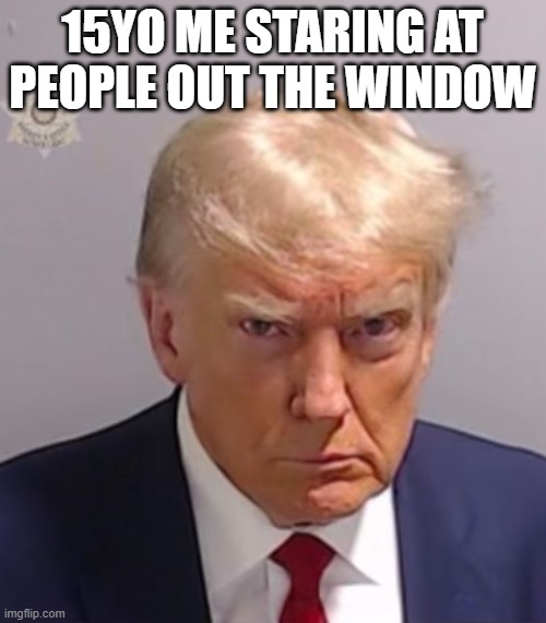 Donald Trump Mugshot | 15YO ME STARING AT PEOPLE OUT THE WINDOW | image tagged in donald trump mugshot | made w/ Imgflip meme maker