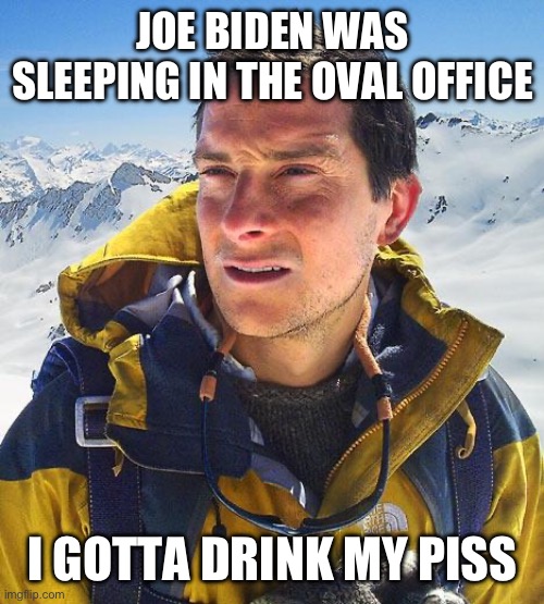 What else can you do? | JOE BIDEN WAS SLEEPING IN THE OVAL OFFICE; I GOTTA DRINK MY PISS | image tagged in memes,bear grylls | made w/ Imgflip meme maker