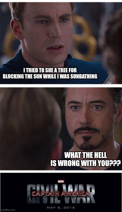 He tried to sue a tree | I TRIED TO SUE A TREE FOR BLOCKING THE SUN WHILE I WAS SUNBATHING; WHAT THE HELL IS WRONG WITH YOU??? | image tagged in memes,marvel civil war 1 | made w/ Imgflip meme maker