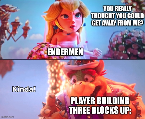 Kinda! | YOU REALLY THOUGHT YOU COULD GET AWAY FROM ME? PLAYER BUILDING THREE BLOCKS UP: ENDERMEN | image tagged in kinda | made w/ Imgflip meme maker