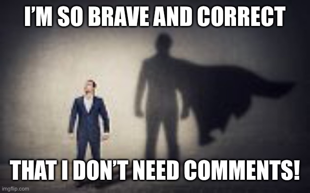 Bravest of posters | I’M SO BRAVE AND CORRECT; THAT I DON’T NEED COMMENTS! | image tagged in brave,cowards | made w/ Imgflip meme maker