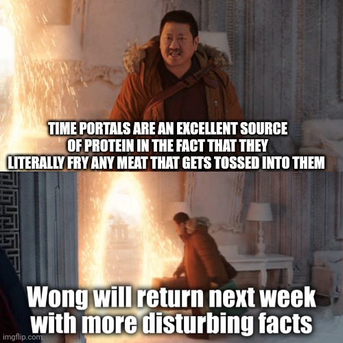 Time portals are an excellent source of protein | TIME PORTALS ARE AN EXCELLENT SOURCE OF PROTEIN IN THE FACT THAT THEY LITERALLY FRY ANY MEAT THAT GETS TOSSED INTO THEM | image tagged in wong disturbing facts,food memes | made w/ Imgflip meme maker