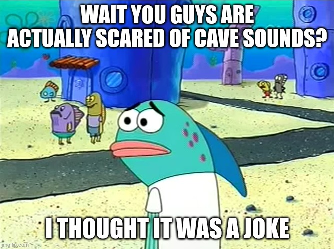 Spongebob I thought it was a joke | WAIT YOU GUYS ARE ACTUALLY SCARED OF CAVE SOUNDS? I THOUGHT IT WAS A JOKE | image tagged in spongebob i thought it was a joke | made w/ Imgflip meme maker