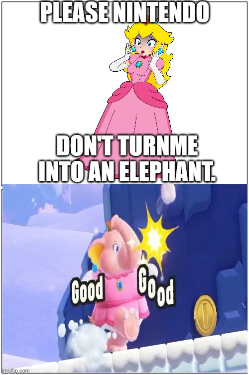 they did | PLEASE NINTENDO; DON'T TURNME INTO AN ELEPHANT. | image tagged in blank 2 squares,princess peach,elephant,super mario bros,nintendo,nintendo switch | made w/ Imgflip meme maker