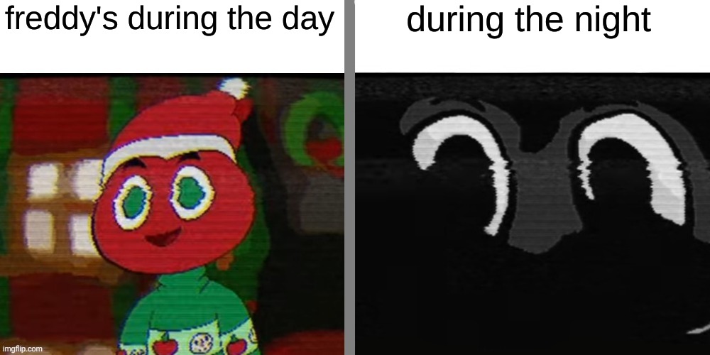 andy the apple and dark andy the apple | freddy's during the day; during the night | image tagged in andy the apple and dark andy the apple | made w/ Imgflip meme maker