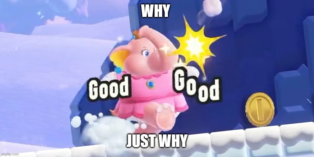 god why | WHY; JUST WHY | image tagged in princess elephant peach,princess peach,elephant,super mario bros,nintendo switch,nintendo | made w/ Imgflip meme maker