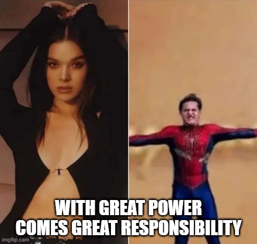 Hang on Spidey | WITH GREAT POWER COMES GREAT RESPONSIBILITY | image tagged in spiderman | made w/ Imgflip meme maker