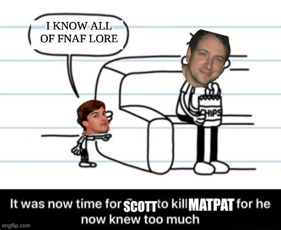 It was now time for Greg to kill manny, for he now knew too much | I KNOW ALL OF FNAF LORE; SCOTT; MATPAT | image tagged in it was now time for greg to kill manny for he now knew too much | made w/ Imgflip meme maker