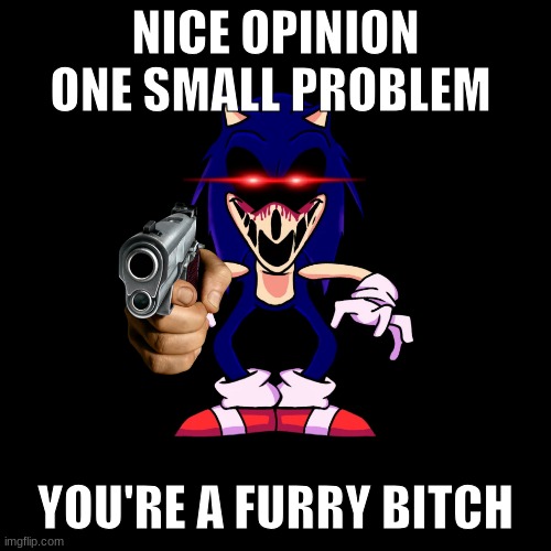 sonic.exe says | NICE OPINION ONE SMALL PROBLEM; YOU'RE A FURRY BITCH | image tagged in sonic exe says | made w/ Imgflip meme maker