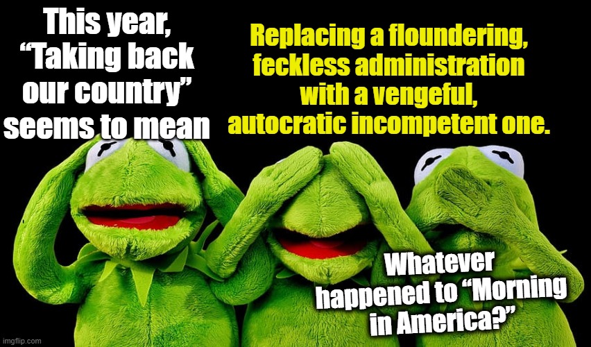 Morning in America? | Replacing a floundering, feckless administration with a vengeful, autocratic incompetent one. This year, “Taking back our country” seems to mean; Whatever happened to “Morning in America?” | image tagged in kermit the frog,maga,liberals,right wing,trump,biden | made w/ Imgflip meme maker