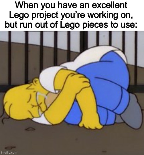 T-T | When you have an excellent Lego project you’re working on, but run out of Lego pieces to use: | image tagged in homer upset | made w/ Imgflip meme maker