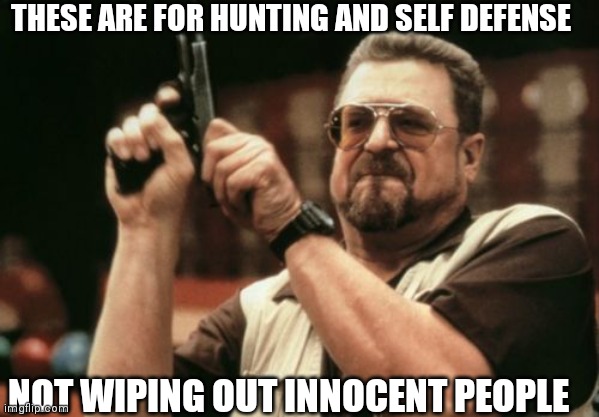 Am I The Only One Around Here | THESE ARE FOR HUNTING AND SELF DEFENSE; NOT WIPING OUT INNOCENT PEOPLE | image tagged in memes,am i the only one around here | made w/ Imgflip meme maker