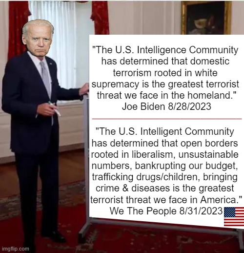 There, I fixed it. | "The U.S. Intelligence Community 

has determined that domestic 

terrorism rooted in white 

supremacy is the greatest terrorist 

threat we face in the homeland."

Joe Biden 8/28/2023; _____________________________; "The U.S. Intelligent Community 

has determined that open borders 

rooted in liberalism, unsustainable 

numbers, bankrupting our budget, 

trafficking drugs/children, bringing 

crime & diseases is the greatest 

terrorist threat we face in America."

We The People 8/31/2023 | image tagged in politics,joe biden,terrorist threat,white supremacy,open borders,we the people | made w/ Imgflip meme maker