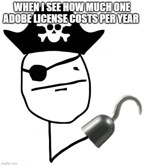 adobe cost | WHEN I SEE HOW MUCH ONE ADOBE LICENSE COSTS PER YEAR | image tagged in pirate | made w/ Imgflip meme maker