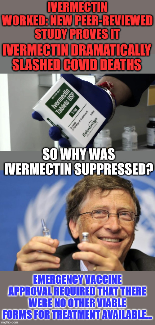 The FDA has quietly added ivermectin to the list of covid treatments... | IVERMECTIN WORKED: NEW PEER-REVIEWED STUDY PROVES IT; IVERMECTIN DRAMATICALLY SLASHED COVID DEATHS; SO WHY WAS IVERMECTIN SUPPRESSED? EMERGENCY VACCINE APPROVAL REQUIRED THAT THERE WERE NO OTHER VIABLE FORMS FOR TREATMENT AVAILABLE... | image tagged in bill gates loves vaccines,government,liars,greedy,big pharma | made w/ Imgflip meme maker