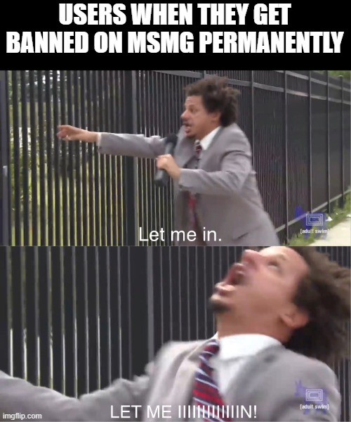 so true | USERS WHEN THEY GET BANNED ON MSMG PERMANENTLY | image tagged in let me in | made w/ Imgflip meme maker