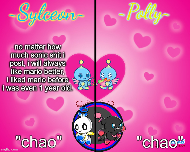 i had/have a mario plush before i was even born :sob: | no matter how much sonic shit i post, i will always like mario better, i liked mario before i was even 1 year old. | image tagged in sylceon and polly temp | made w/ Imgflip meme maker