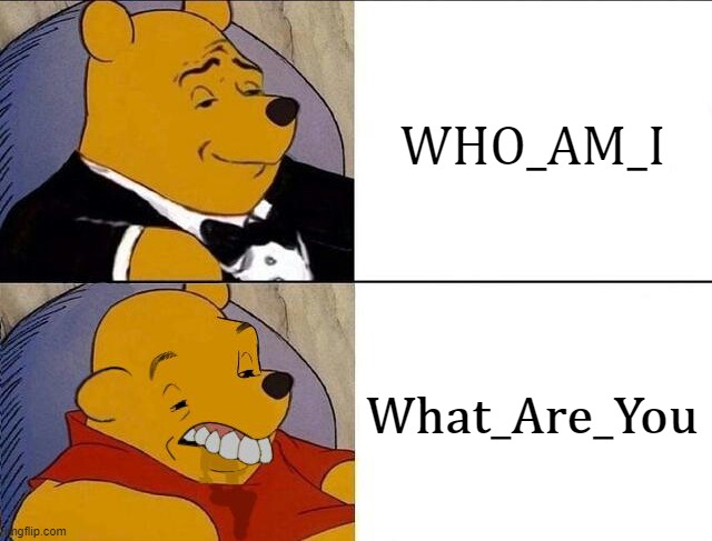 oh noes | WHO_AM_I; What_Are_You | image tagged in tuxedo winnie the pooh grossed reverse | made w/ Imgflip meme maker