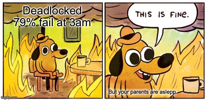 This Is Fine | Deadlocked 79% fail at 3am; But your parents are aslepp | image tagged in memes,this is fine | made w/ Imgflip meme maker
