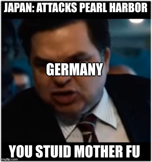 you stupid shit | JAPAN: ATTACKS PEARL HARBOR; GERMANY; YOU STUPID MOTHER FU | image tagged in you stupid shit,wwii,pearl harbor,memes,japan,germany | made w/ Imgflip meme maker