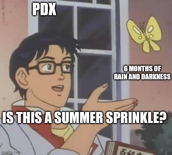 is this butterfly | PDX; 6 MONTHS OF RAIN AND DARKNESS; IS THIS A SUMMER SPRINKLE? | image tagged in is this butterfly | made w/ Imgflip meme maker