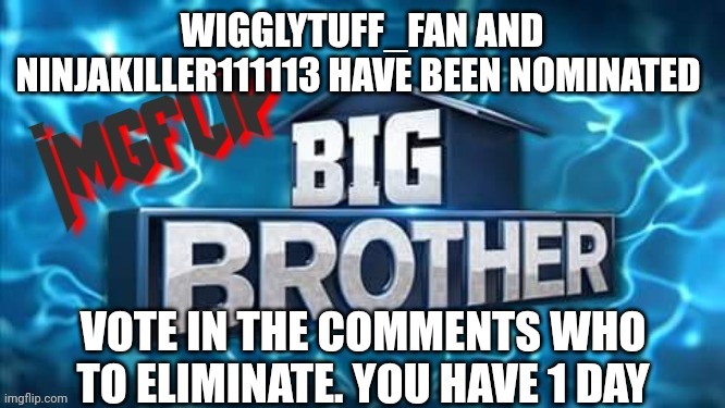 Nomination | WIGGLYTUFF_FAN AND NINJAKILLER111113 HAVE BEEN NOMINATED; VOTE IN THE COMMENTS WHO TO ELIMINATE. YOU HAVE 1 DAY | image tagged in imgflip big brother logo | made w/ Imgflip meme maker