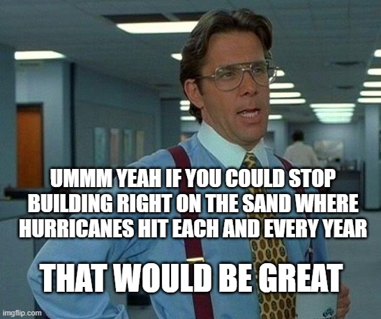 Stop Building In The Path of Hurricanes | UMMM YEAH IF YOU COULD STOP BUILDING RIGHT ON THE SAND WHERE HURRICANES HIT EACH AND EVERY YEAR; THAT WOULD BE GREAT | image tagged in memes,that would be great | made w/ Imgflip meme maker