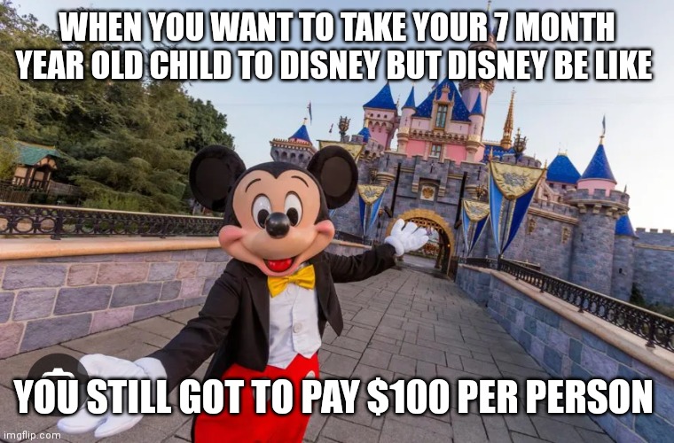 No matter how Young Disney will still make you pay as long as it's a person it counts | WHEN YOU WANT TO TAKE YOUR 7 MONTH YEAR OLD CHILD TO DISNEY BUT DISNEY BE LIKE; YOU STILL GOT TO PAY $100 PER PERSON | image tagged in funny memes,disney world memes,disney world,disney want that bad,disney want that money,disney memes | made w/ Imgflip meme maker