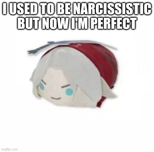 Dante plush | I USED TO BE NARCISSISTIC BUT NOW I'M PERFECT | image tagged in dante plush | made w/ Imgflip meme maker