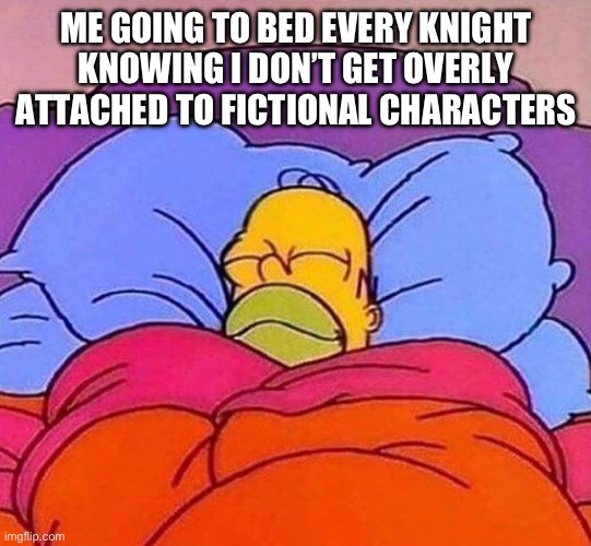 Homer Simpson sleeping peacefully | ME GOING TO BED EVERY KNIGHT KNOWING I DON’T GET OVERLY ATTACHED TO FICTIONAL CHARACTERS | image tagged in homer simpson sleeping peacefully | made w/ Imgflip meme maker