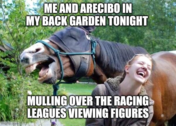 Laughing Horse | ME AND ARECIBO IN MY BACK GARDEN TONIGHT; MULLING OVER THE RACING LEAGUES VIEWING FIGURES | image tagged in laughing horse | made w/ Imgflip meme maker