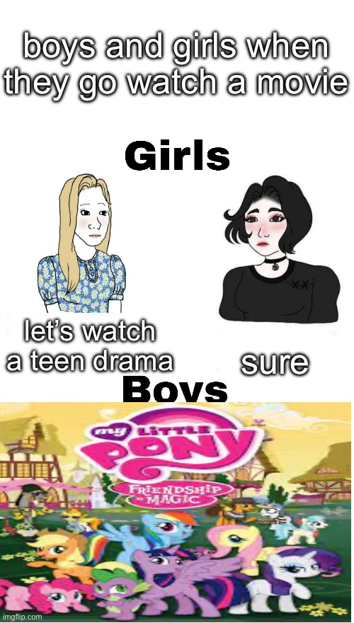 MY LITTLE PONY I WONDER WHAT FRIENDSHIP COULD BE | boys and girls when they go watch a movie; let’s watch a teen drama; sure | image tagged in girls vs boys | made w/ Imgflip meme maker