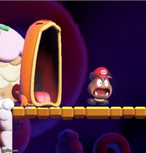 Goomba Mario being chased by a Maw-Maw | image tagged in memes | made w/ Imgflip meme maker