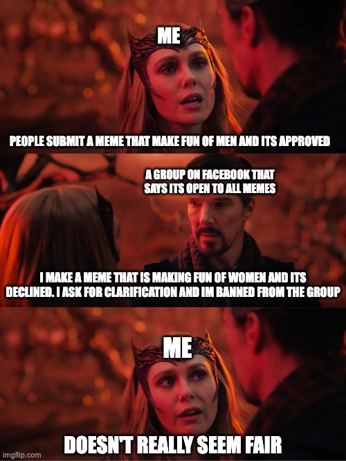 Woke double standards | ME; PEOPLE SUBMIT A MEME THAT MAKE FUN OF MEN AND ITS APPROVED; A GROUP ON FACEBOOK THAT SAYS ITS OPEN TO ALL MEMES; I MAKE A MEME THAT IS MAKING FUN OF WOMEN AND ITS DECLINED. I ASK FOR CLARIFICATION AND IM BANNED FROM THE GROUP; ME; DOESN'T REALLY SEEM FAIR | image tagged in i become the enemy scarlet witch | made w/ Imgflip meme maker
