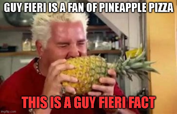 He says "the sweetness of the fruit helps to cut through the richness of the cheese" | GUY FIERI IS A FAN OF PINEAPPLE PIZZA; THIS IS A GUY FIERI FACT | made w/ Imgflip meme maker