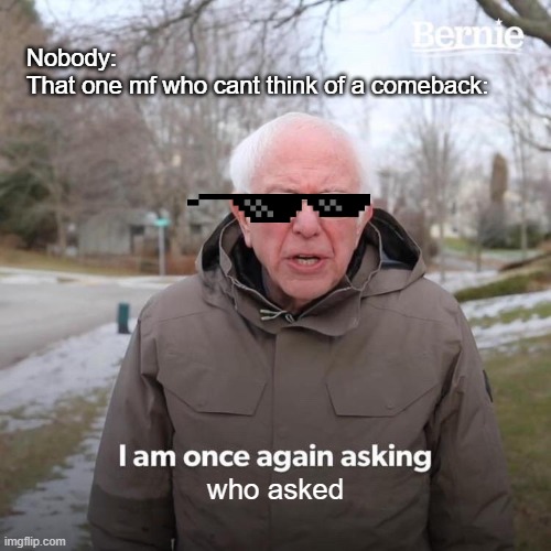 Bernie I Am Once Again Asking For Your Support | Nobody:
That one mf who cant think of a comeback:; who asked | image tagged in memes,bernie i am once again asking for your support,school,annoying | made w/ Imgflip meme maker
