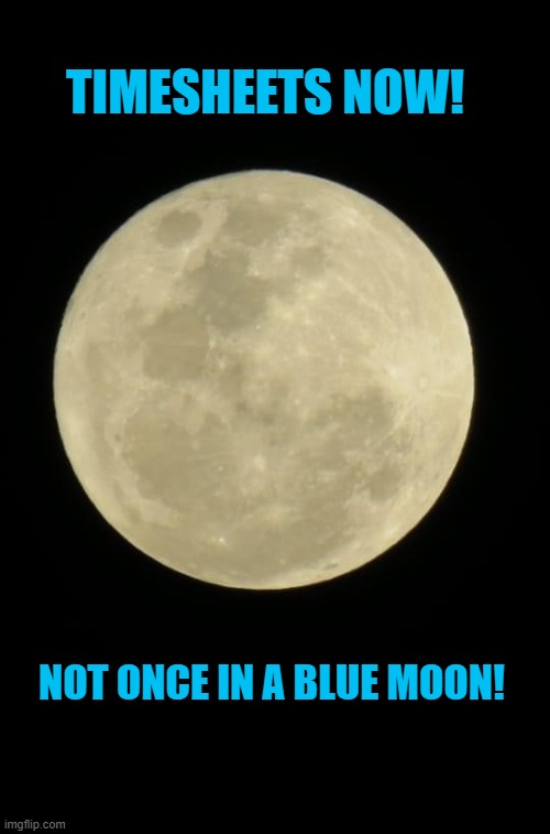 Blue Moon Timesheet Reminder | TIMESHEETS NOW! NOT ONCE IN A BLUE MOON! | image tagged in blue moon timesheet reminder,blue moon,timesheet meme,meme | made w/ Imgflip meme maker