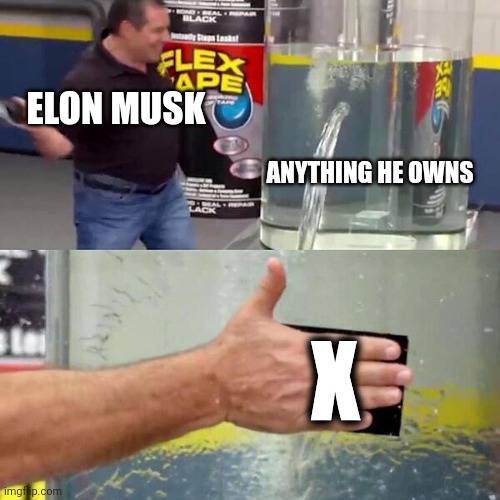 Phil Swift Slapping on Flex Tape | ELON MUSK ANYTHING HE OWNS X | image tagged in phil swift slapping on flex tape | made w/ Imgflip meme maker