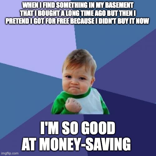 Heck yeah | WHEN I FIND SOMETHING IN MY BASEMENT THAT I BOUGHT A LONG TIME AGO BUT THEN I PRETEND I GOT FOR FREE BECAUSE I DIDN'T BUY IT NOW; I'M SO GOOD AT MONEY-SAVING | image tagged in memes,success kid | made w/ Imgflip meme maker