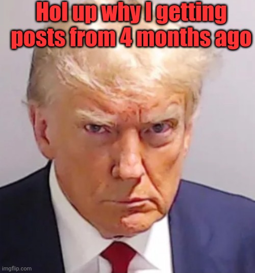 Trump mugshot | Hol up why I getting posts from 4 months ago | image tagged in trump mugshot | made w/ Imgflip meme maker