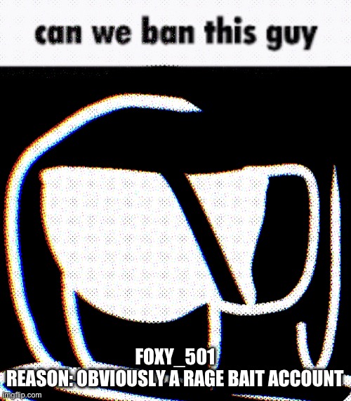Can We Ban This Guy Phantom | FOXY_501
REASON: OBVIOUSLY A RAGE BAIT ACCOUNT | image tagged in can we ban this guy phantom | made w/ Imgflip meme maker