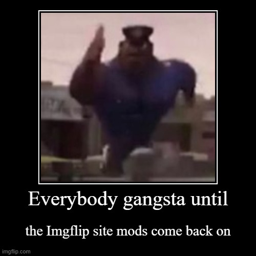 lol | Everybody gangsta until | the Imgflip site mods come back on | image tagged in funny,demotivationals | made w/ Imgflip demotivational maker