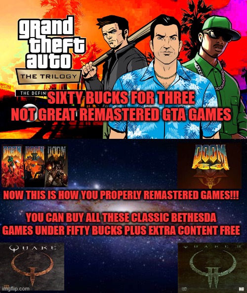 SIXTY BUCKS FOR THREE NOT GREAT REMASTERED GTA GAMES; NOW THIS IS HOW YOU PROPERLY REMASTERED GAMES!!! YOU CAN BUY ALL THESE CLASSIC BETHESDA GAMES UNDER FIFTY BUCKS PLUS EXTRA CONTENT FREE | image tagged in bethesda,rockstar,remastered,buy this,free | made w/ Imgflip meme maker