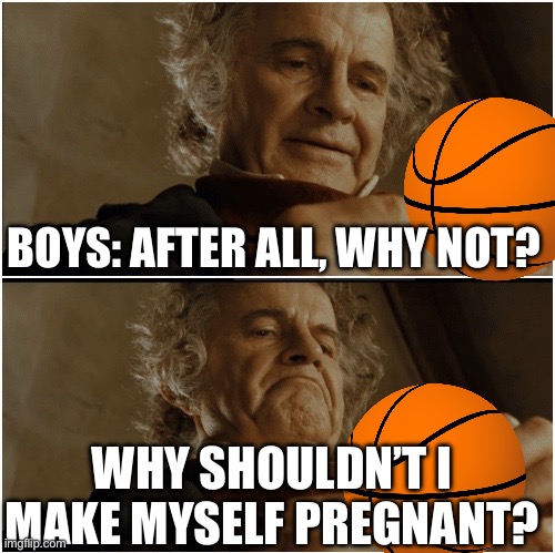 I am with basketball | BOYS: AFTER ALL, WHY NOT? WHY SHOULDN’T I MAKE MYSELF PREGNANT? | image tagged in bilbo - why shouldn t i keep it | made w/ Imgflip meme maker